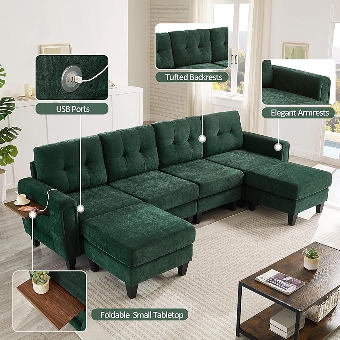 P PURLOVE Modern Sectional Sofa Couch Pull-Out Sofa Bed Versatile Sleeper with Two Movable Ottomans USB Ports and Side Tables for Living Room Apartment (Green)