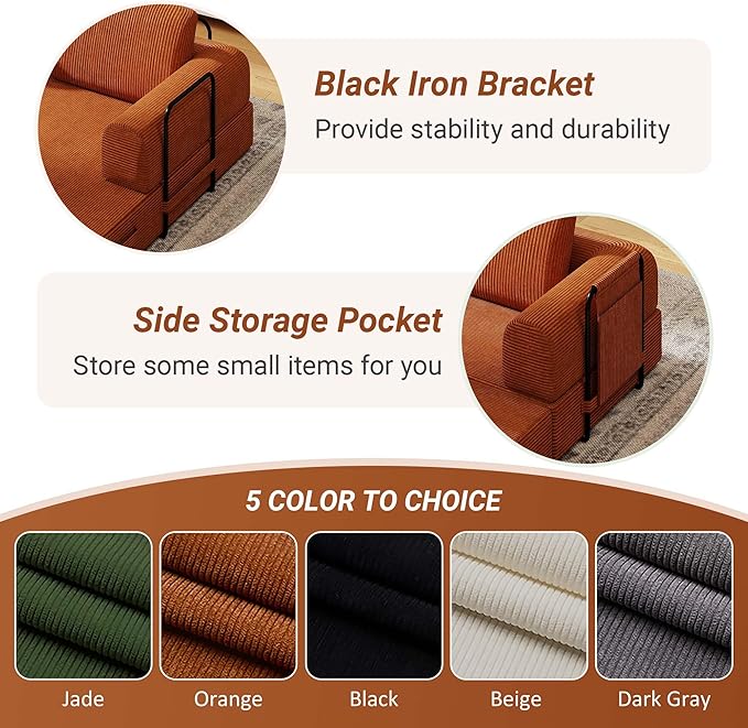 Convertible Sleeper Sofa Bed 3-Seat Corduroy Futon Couch with Cylindrical Pillow Foldable Mattress for Living Room &amp Bedroom 79 Inch Multi-Functional Sofa (Orange)