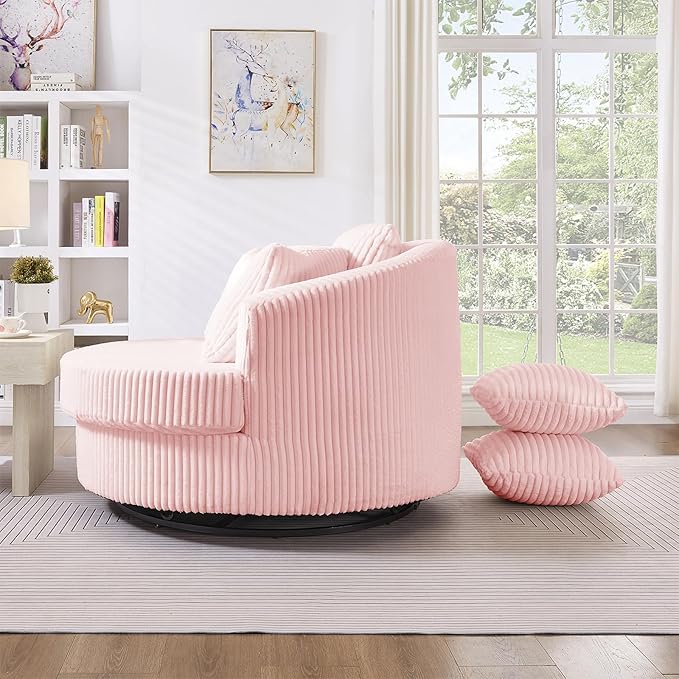 360 Degree Oversized Swivel Chair 50 Round Lounge Chair Modern Accent Circle Chair W/ 5 Pillows Upholstered Corduroy Sofa Chair for Living Room Bedroom Apartment Pink