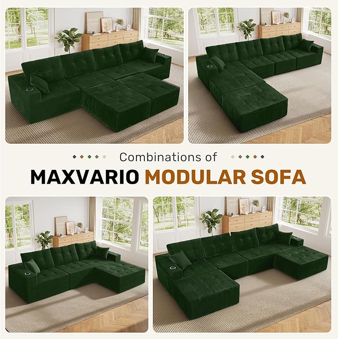 143 Modular Sectional Sofa for Living Room Convertible U-Shape Couch with Ottoman 6 Seater Modular Sectional SofaGreen Corduroy