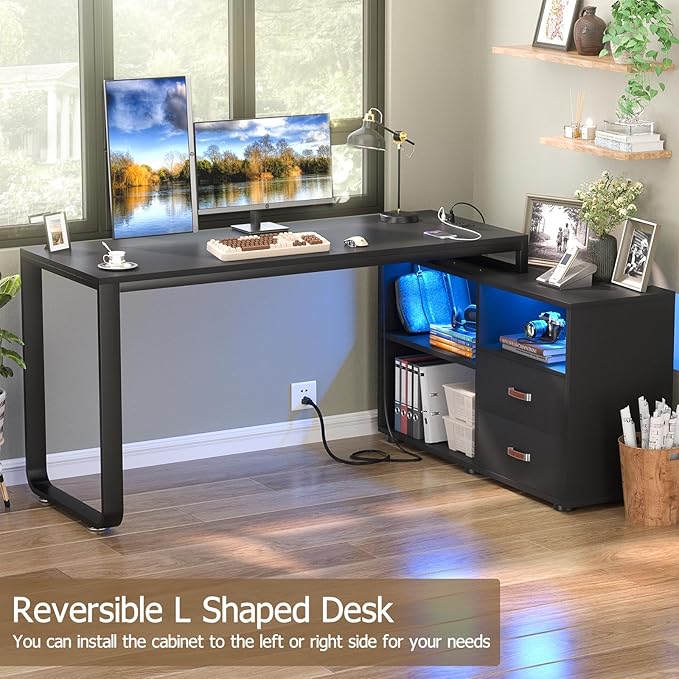 Homieasy L Shaped Desk with File Cabinet &amp Power Outlet Reversible 55 Inch Large Corner Computer Desks with LED Strip L-Shaped Computer Desk with Drawers and Storage Shelves Black