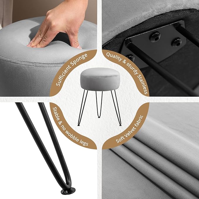 LUE BONA Vanity Stool Gray Vanity Stools for Makeup Room Round Ottoman Foot Stool Velvet Footrest Vanity Chair for Bathroom Vanity Bedroom Living Room Entryway Offices 300lbs