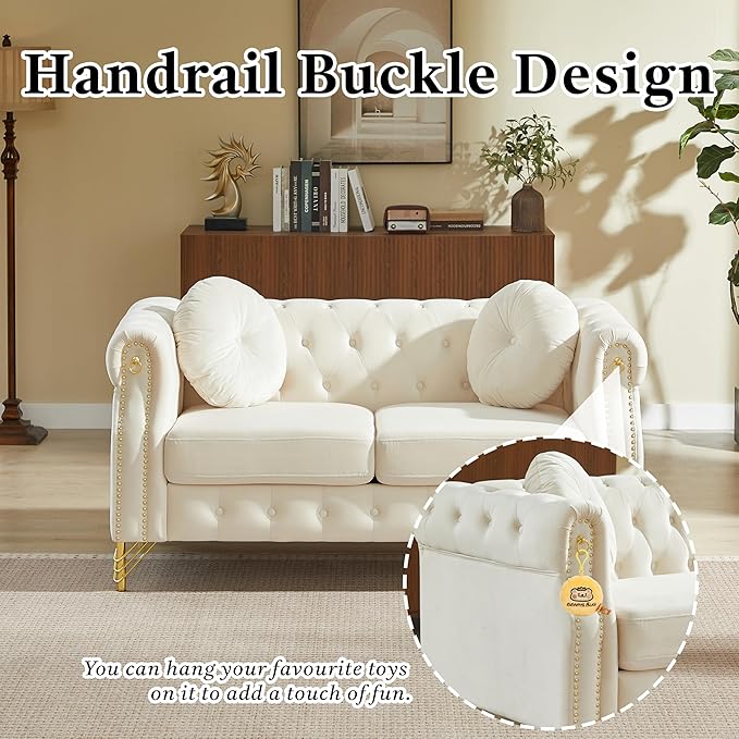 2 Pieces Beige Velvet Chesterfield 82 3-Seater Sofa Sets with Two Pillows Featuring Copper Stud Detailing (Beige 2 Pieces 82 3-Seater Sofa Sets)