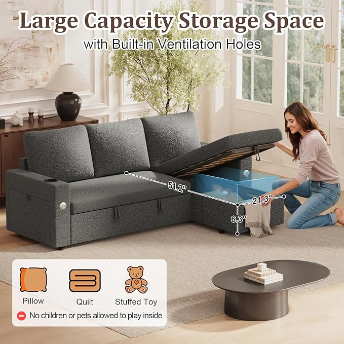 Sleeper Sofa Bed 4-in-1 Pull Out Couch with Reversible Chaise | Dual USB &amp Type-C Charging | Dual Cup Holders | Layered Storage (Armrest + Chaise) for Living Room Apartment Home Office (Dark Gr