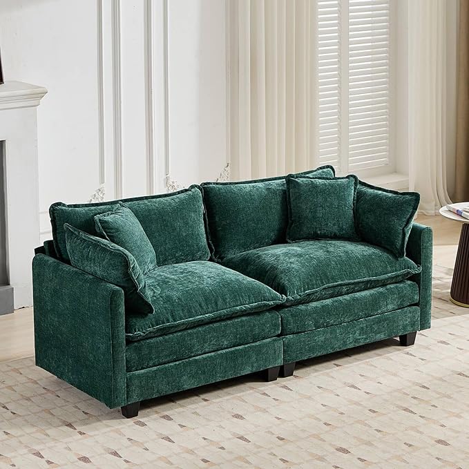 Setawix Modern Modular Sectional Sofa 78 Upholstered Chenille Loveseat Comfy 2-Seater Sofa Oversized Deep Seat Fluffy Cloud Couch with 2 Throw and Arm Pillows for Living Room Bedroom Office Green