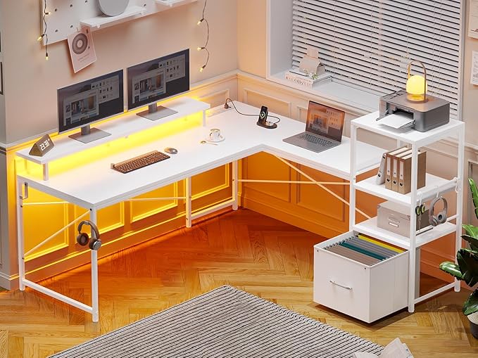 SEDETA White L Shaped Desk with Fabric Drawer Reversible 51” Corner Desk with Storage Shelves L Shaped Gaming Table with LED Strip Power Outlet and Monitor Shelf for Home Office