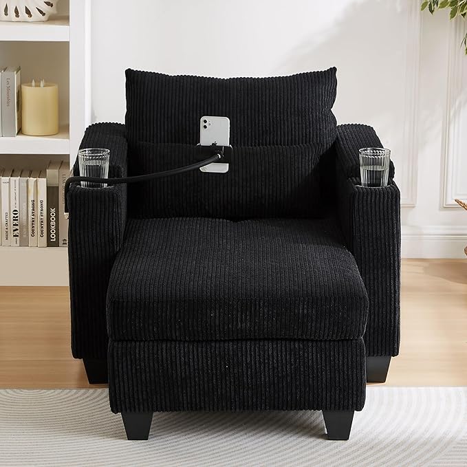 37.4 Versatile Chair Lounge Sleeper Daybed 2-in-1 Flexible Deep Seat Sofa Chair Convertible Recliner Chaise Lounge W/ Storage ArmsUSB PortsCupholdersPhone Holder Pockets for Living Room Bedroom