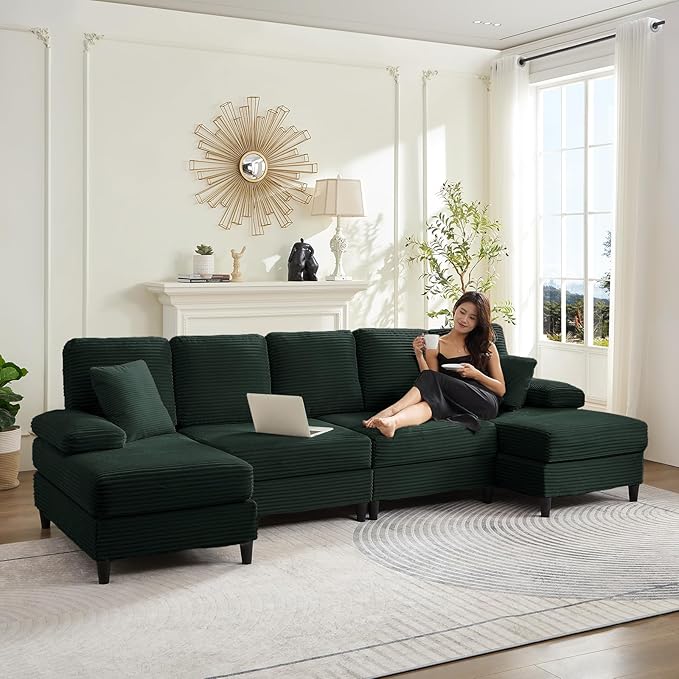 PUREMIND Sectional Couches for Living Room U Shaped Sectional Sofa with Double Chaise Lounge and Sleepable Armrests Corduroy 4 Seater Sectional Sofa Living Room Furniture