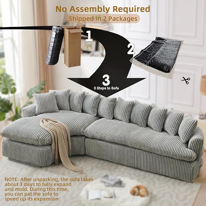 129'' Modern Sectional Sofa4-5 Seater Upholstered Couches with 10 CushionsHigh Density Sponges Cloud Couch L-Shape Left SofaCorduroy Sponge Sofa for Living RoomNo Assembly Required(Gray)