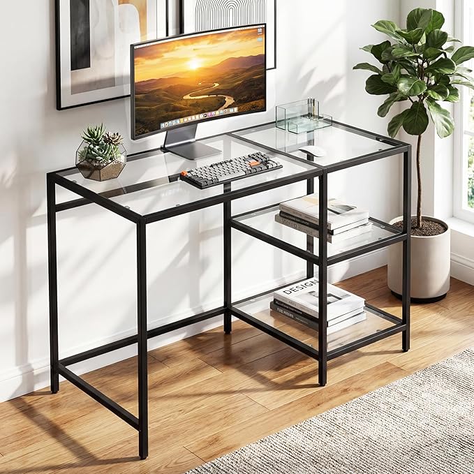 Giantex Computer Desk 42 Inch Home Office Desk with Tempered Glass Storage Shelves &amp Metal Frame Modern Work PC Desk Study Writing Table for Small Space Black