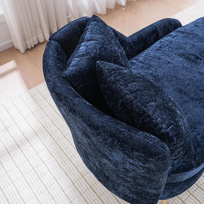 Modern Curved Chaise Lounge Chair Indoor 58 Chenille Lounge Sofa with Left Armrest &amp Lumbar PillowsUpholstered Leisure Recliner Chair with Removable Storage Footstool for Living Room (Blue)
