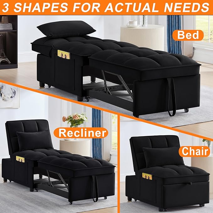 4 in 1 Bouncer with Pull-Out Bed Convertible Slip on Sofa Chair with Storage Pockets and Adjustable Backrest Comfortable Folding Footrest Bed Living Room (Black)