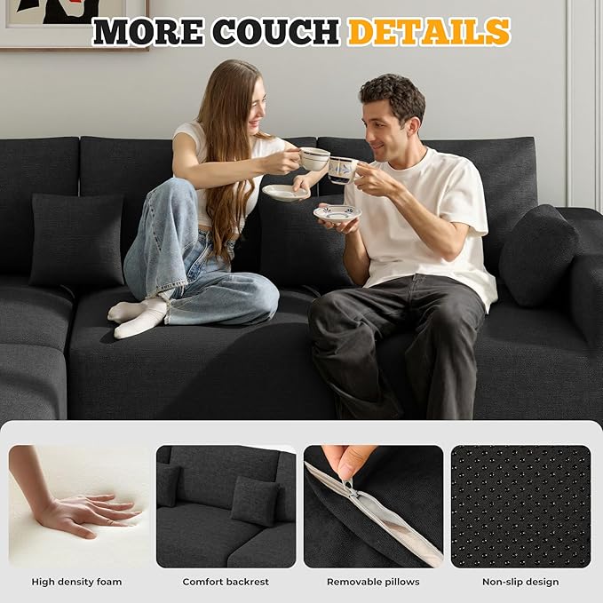 113 Modular Sectional Sofa Convertible L-Shaped Cloud Couches for Living Room with Ottoman 4 Seater Chenille Boneless Couch Sofa Set No Assembly Required Black 1 PCS