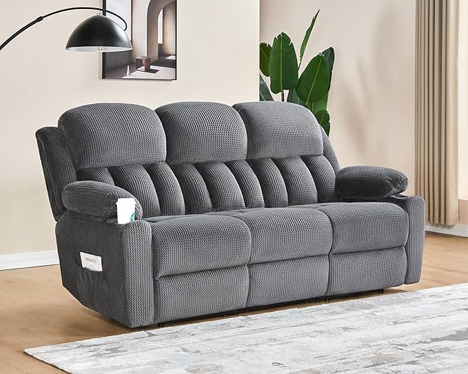 VanAcc Recliner Couch 3 Seater Sofa Recliner with Cup Holders for Living Room- 85 inch Comfy Couch with Dual Wingback Recliner Grey Oversized Recliner