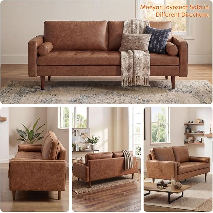70 Mid-Century Modern Sofa Couch – Faux Leather Loveseat Sofa with Deep Seat &amp Solid Wood Frame – Includes 2 Accent Pillows – Brown Living Room Bedroom Office | Faux Leather Easy to Clean High