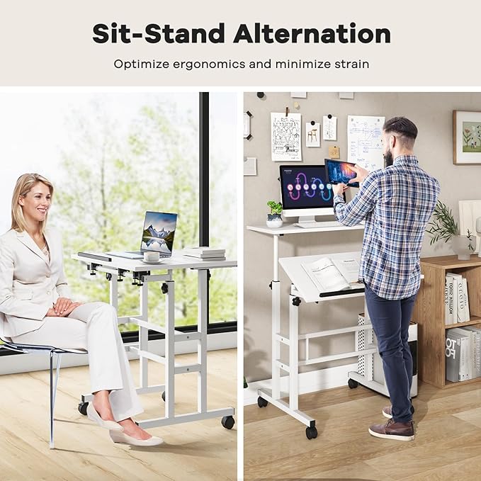 Tangkula Mobile Stand Up Desk Height Adjustable Home Office Desk with Standing &amp Seating 2 Modes Tilting Tabletop &amp Flexible Wheels Rolling Laptop Cart Sit Stand Desk (White)