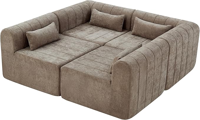 145.5 Inch Modular Full-Compressed Sectional Sofa Polyester Upholstered Modular Sofa with 4 Pieces Compressed Sponge Modular Couch for Living Room (Espresso-X200)