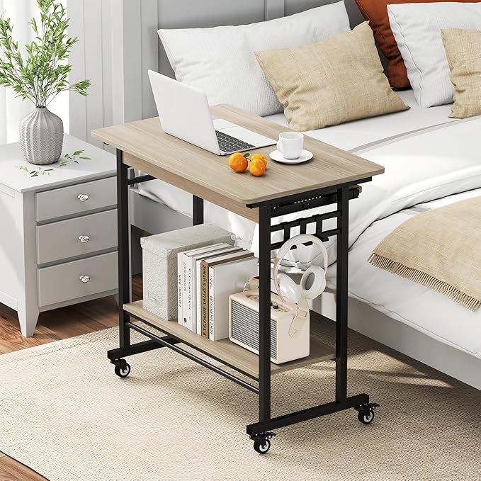 Tangkula Rolling Computer Desk Cart with Keyboard Tray Mobile Portable Laptop PC Desk with CPU Stand &amp 3 Hooks for Sofa &amp Bed Compact Small Desk on Wheels for Small Spaces (Grey)