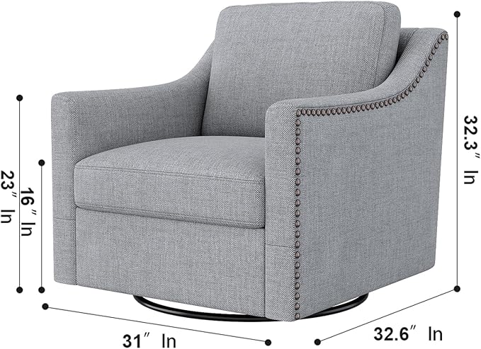 Cotton Linen Fabric Upholstered 360° Swivel Accent Chair Armchair with RivetsSquare Club Sofa Arm Chair with Metal Base Barrel Chairs for Bedroom Living Room Office (Light Grey)