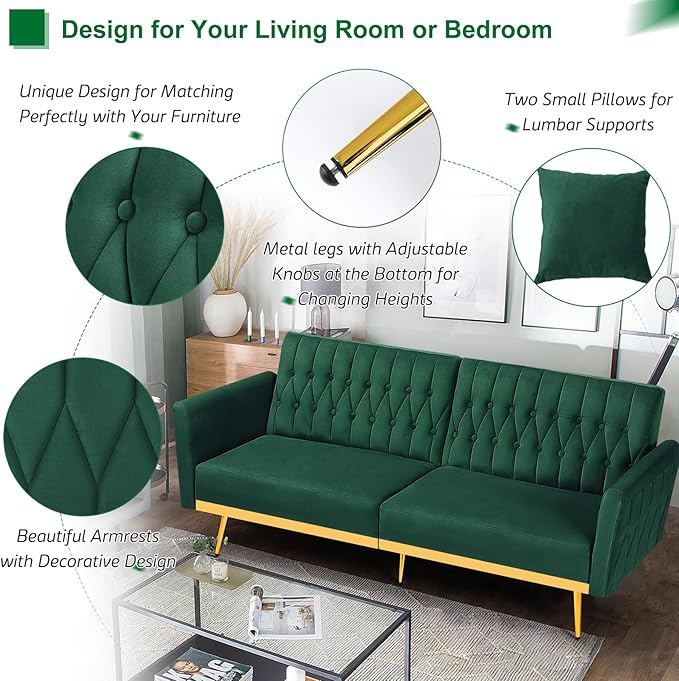 70” Velvet Futon Sofa Bed w/Adjustable Backrests and Armrests Convertible Futon Couch with 2 Pillows Modern Tufted Sleeper Bed for Living Room BedroomGreen