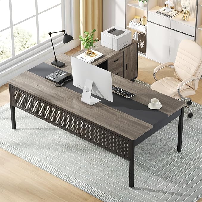 Tribesigns 71 inch Executive Desk L-Shaped Desk with Mobile File Cabinet Executive Office Table with 2 Drawers and Storage Shelves Business Furniture Workstation for Home Office Grey and Black