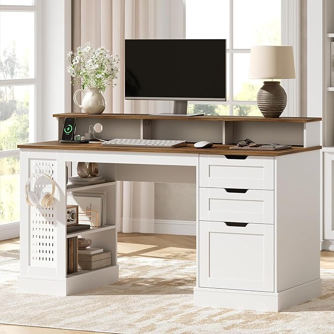 55inch Farmhouse Executive Desk with 2 Drawers and File Cabinet Computer Desk with 3-Tier Storage Shelves Home Office Desk with Charging Station Pegboard and Monitor Shelf White and Walnut