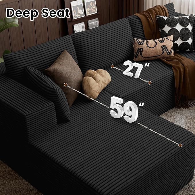 106 Cloud Sectional Boneless Couches for Living Room Modular U Shaped Couch with Deep Seat Removable Ottoman Memory Foam Compressed Spineless 4 Seater Sofa for Bedroom Apartment Black