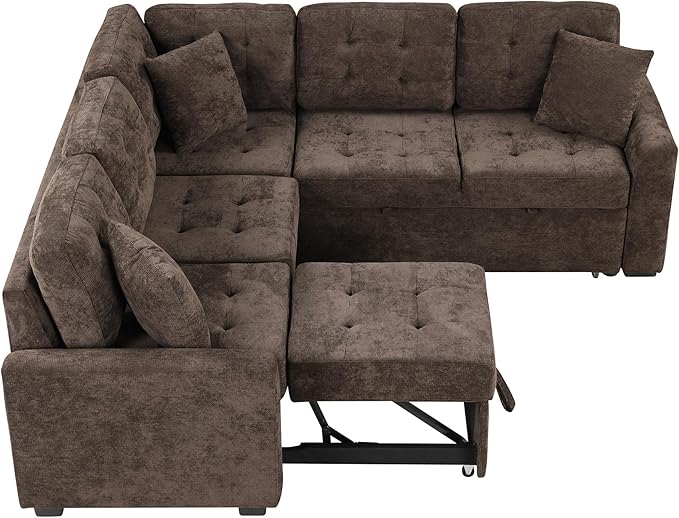 82.6 L-Shape Sofa Bed with Wheels Pull-Out Sleeper Sofa with USB Ports and Power Sockets Multifunctional Convertible Sectional Sofa Set for Living Room Bedroom (Brown-11x)