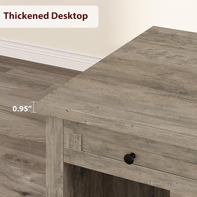 53.5 Farmhouse Home Office Desk with File Cabinet Wooden Executive Desk with Power Outlet Work Desk with Drawers Traditional Wood Desk for Home and Office Gray