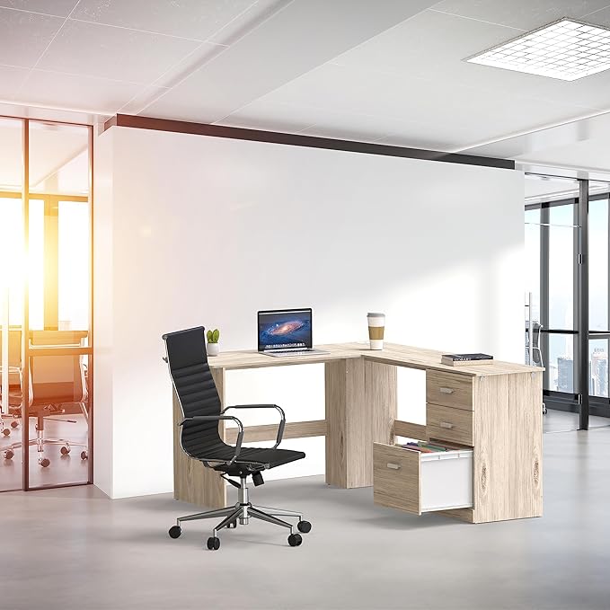 SHW 51 x 59 Inches L-Shaped Home Office Wood Corner Desk with Box Box File Drawers Maple