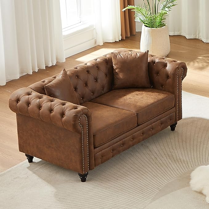 KEIKI Chesterfield Sofa Retro Style Upholstered 2 Seater Tech Fabric Couch with Rolled Arm for Living Room Bedroom Office Brown