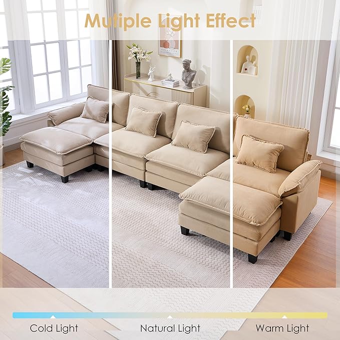 URRED Modular Cloud Couch Sectional Sofa 157 U Shaped Deep Seat Sofa with 2 Ottomans &amp Pillows Ultra Comfy Corduroy 4-Seater Sofa for Living Room Apartment or Bedroom Khaki | Corduroy Fabric