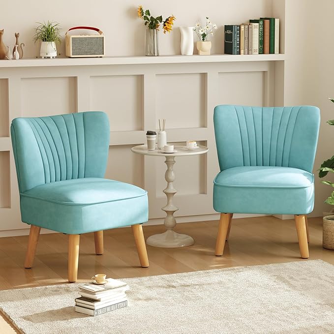KOMFOTT Velvet Accent Chair Modern Armless Sofa Chair with Solid Rubber Wood Legs Wingback Leisure Chair with Thick Cushion Upholstered Side Chair for Living Room Bedroom Turquoise