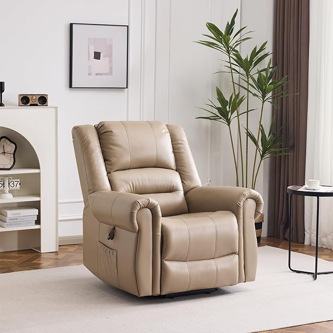 Power Lift Recliner Chair with Massage and Heating PU Leather Electric Recliner Sofa with USB Charger 300lbs Capacity Lift Chair 8-Point Massage &amp Lumbar Heating Easy Assembly(Light Brown)