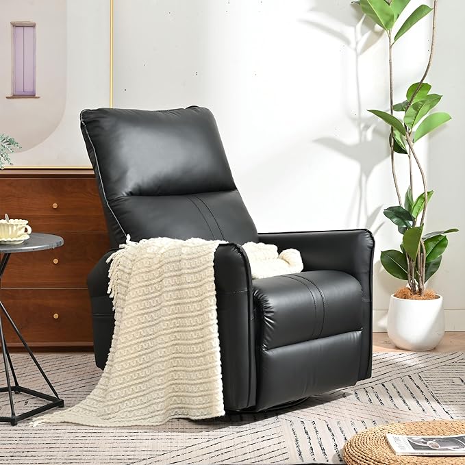 270° Power Swivel Rocker Recliner Chair for Adults – Electric Reclining Small Sofa Chair with Smooth Rocking &amp Rotation Comfortable Single Recliner for Living Room Bedroom (Black+PU)