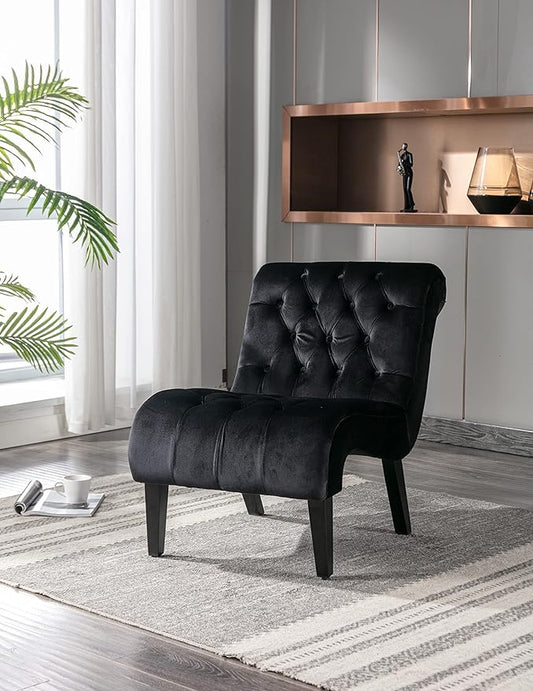 Modern Armless Living Room Chair/Leisure ChairUpholstered Fabric Button Comfortable Chair with Wooden Legs for Bedroom Living Room Office (Black)