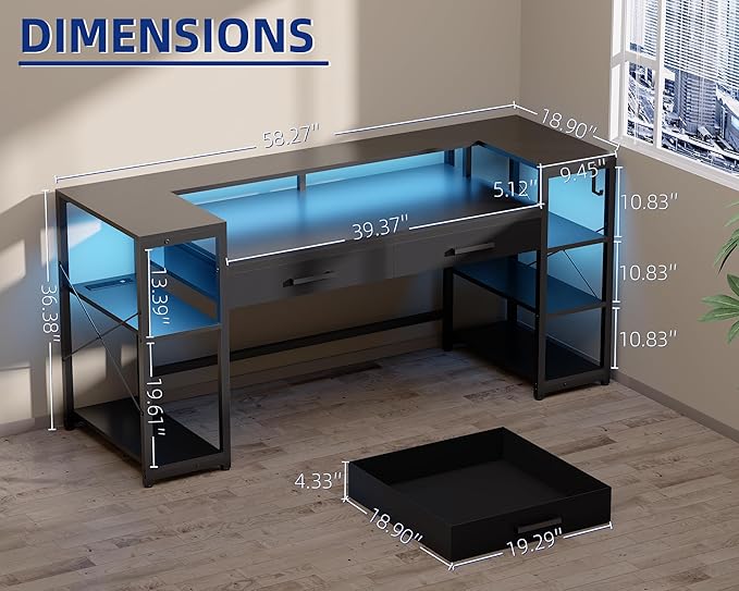 Pamray 58 Inch Computer Desk with Monitor Stand and Shelves Gaming Desk with LED Lights &amp Power Outlets PC Vanity Table with 2 Drawers for Home Office Pink