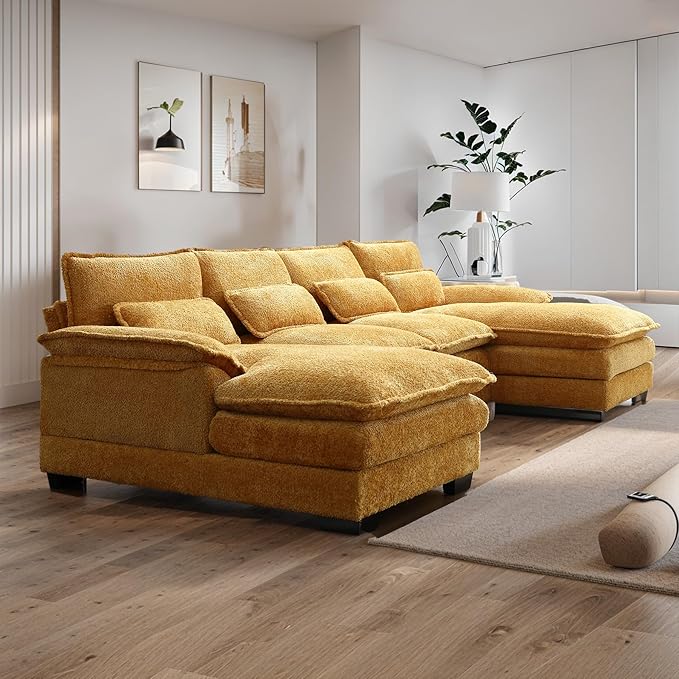 U Shape Sectional Sofa Cloud Couch 110.6 Modern Chenille Comfy Modular Couch 4 Seat Upholstery Sofa with Double Chaise for Living Room Yellow