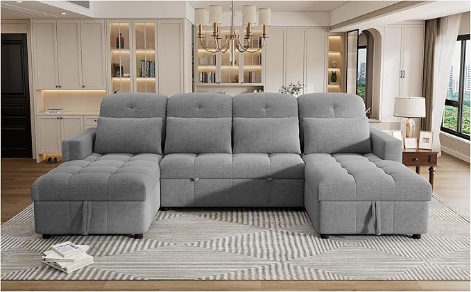 Merax 110.2 Oversized U-Shaped Sectional Sofa Bed Comfortable Pull-Out Sleeper Couch Convertible with Double Storage Chaise Lounges and Two USB Ports Gray