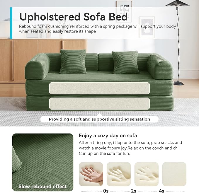 Convertible Floor Sofa Bed with Fixed-Shape Frame King Size Floor Sleeper 5-in-1 DIY Combination Modular Sofa Modular Chenille Folding Mattress Couch for Living Room Bedroom Playroom (Green)