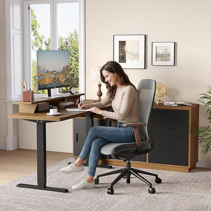 ONBRILL Home Office Furniture Set 63'' Standing Desk with 55'' File Cabinet Electric Height Adjustable Executive Workstation with Monitor Stand for Home Office Oak Brown