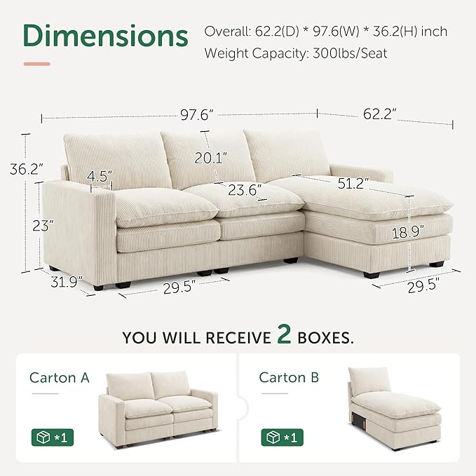 HONBAY 97.6 Inch Corduroy Cloud Modular Sectional Sofa with Chaise Deep Seat L-Shaped Couch with Storage for Living Room Apartment Small SpaceBeige