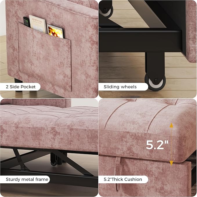 KKL 3 in 1 Convertible Sleeper Sofa Bed Pull Out Couch Bed with Adjustable Backrest Chenille Loveseat Couches with Side Pocket for Living Room Bedroom (Pink)