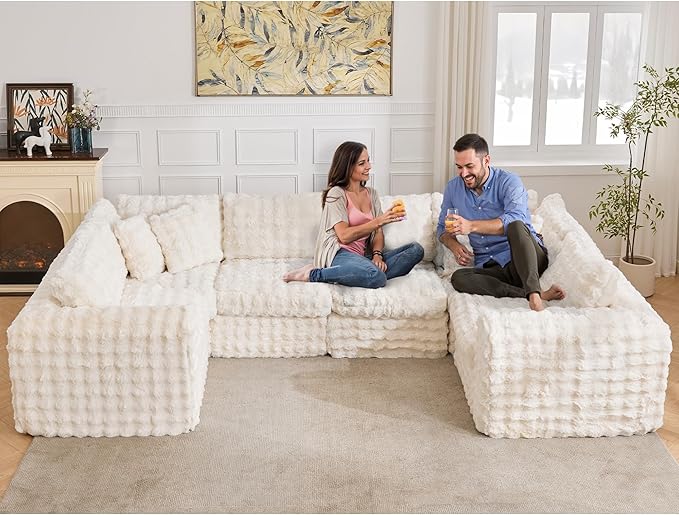 TYBOATLE 135’’ Boneless Slow-Rebound Memory Foam Couch Cloud Sectional Couches for Living Room w/Upgraded Fabric Deep Seat Comfy Fluffy U Shaped Modular Sectional Sofa w/Chaise Beige
