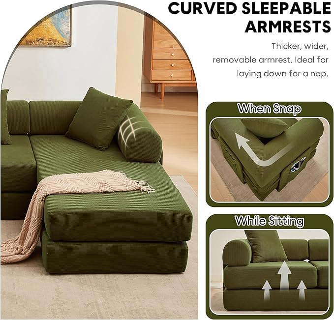 L Shaped Modular Sofa Bed with Cylindrical Pillow &amp Reversible Chaise Corduroy Folding Floor Convertible Sofa Couch Bed with Fixed-Shape Frame &amp Storage Pocket for Living Room Green