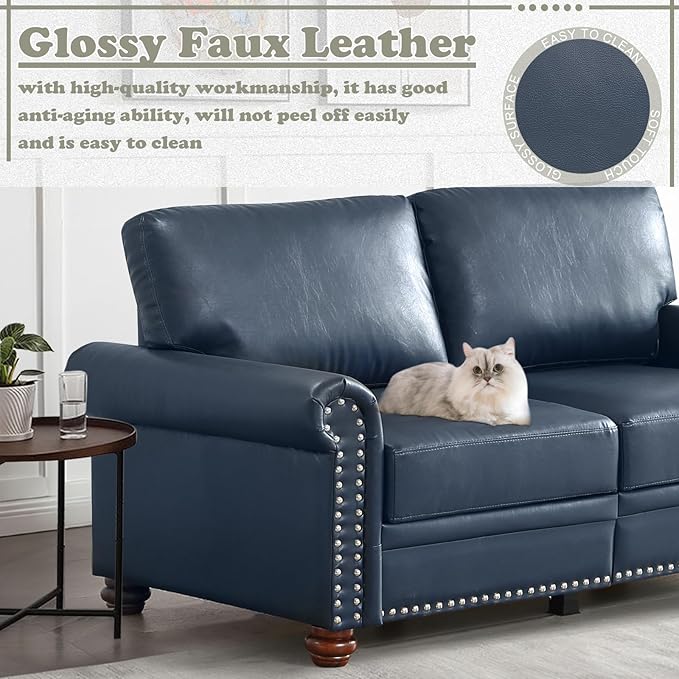 Antetek Comfy Upholstered PU Leather Sofa 59-inch Mid-Century Modern Loveseat Sofas with Storage Space &amp Solid Bun Feet Small Couches for Living Room Small Space Bedroom Navy Blue