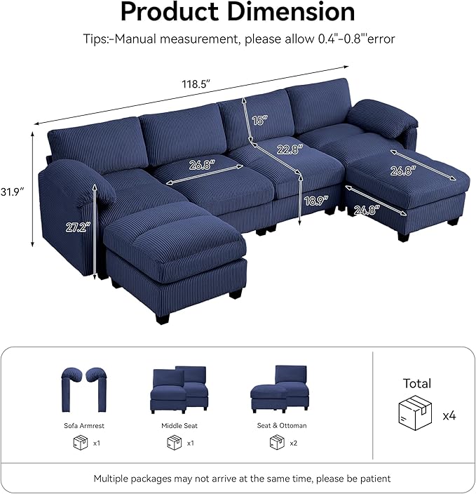118'' U-Shaped Sectional Couch with 2 Ottoman Oversized Modular Couches for Living Room Corduroy Deep Seat Cloud Sofa with Center Stitched Blue