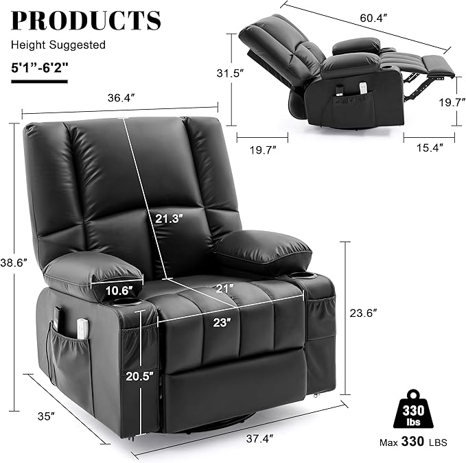 Oversized Recliner Chairs for Adults 270° Swivel Rocker Recliner with Heat and Massage Lazy Boy ReclinerRecliner Chairs Single Sofa Seat with Cup Holders (BlackElectric)