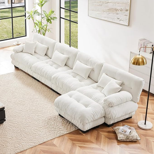 173.2 Deep Seat Modular Sofa Set Chenille Fabric Large Sectional Couches for Living Room 4 Seater Modern Cloud Couch with 1 Ottoman for Apartment or Bedroom L Shaped White