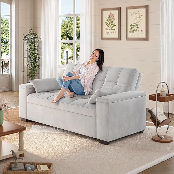 Gizoon Convertible Sofa Bed Futon Queen Size Sleeper Loveseat with Pull Out Couch 3 in 1 Velvet Fabric Futon Couch with Side Pockets Storage Armrest &amp Adjustable Backrest for Living RoomLight